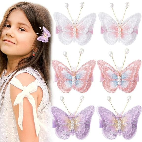 6PCS Butterfly Hair Clips, Small Cute Embroidery Barrettes Pink White Double Layer Lace Hairpin Glitter Pearl Fairy Hair Accessories for Women Girls Party Halloween Decorations