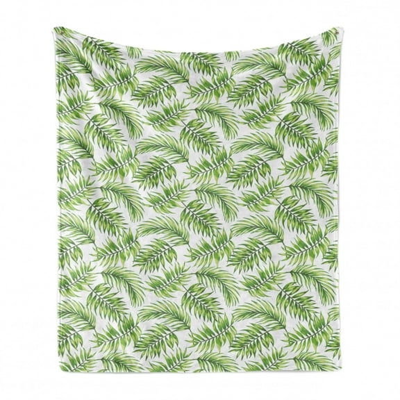 Palm Leaf Soft Flannel Fleece Throw Blanket, Exotic Pattern with Tropical Leaves in Watercolor Art Style Jungle Luau Hawaii, Cozy Plush for Indoor and Outdoor Use, 50" x 70", Fern Green, by Ambesonne