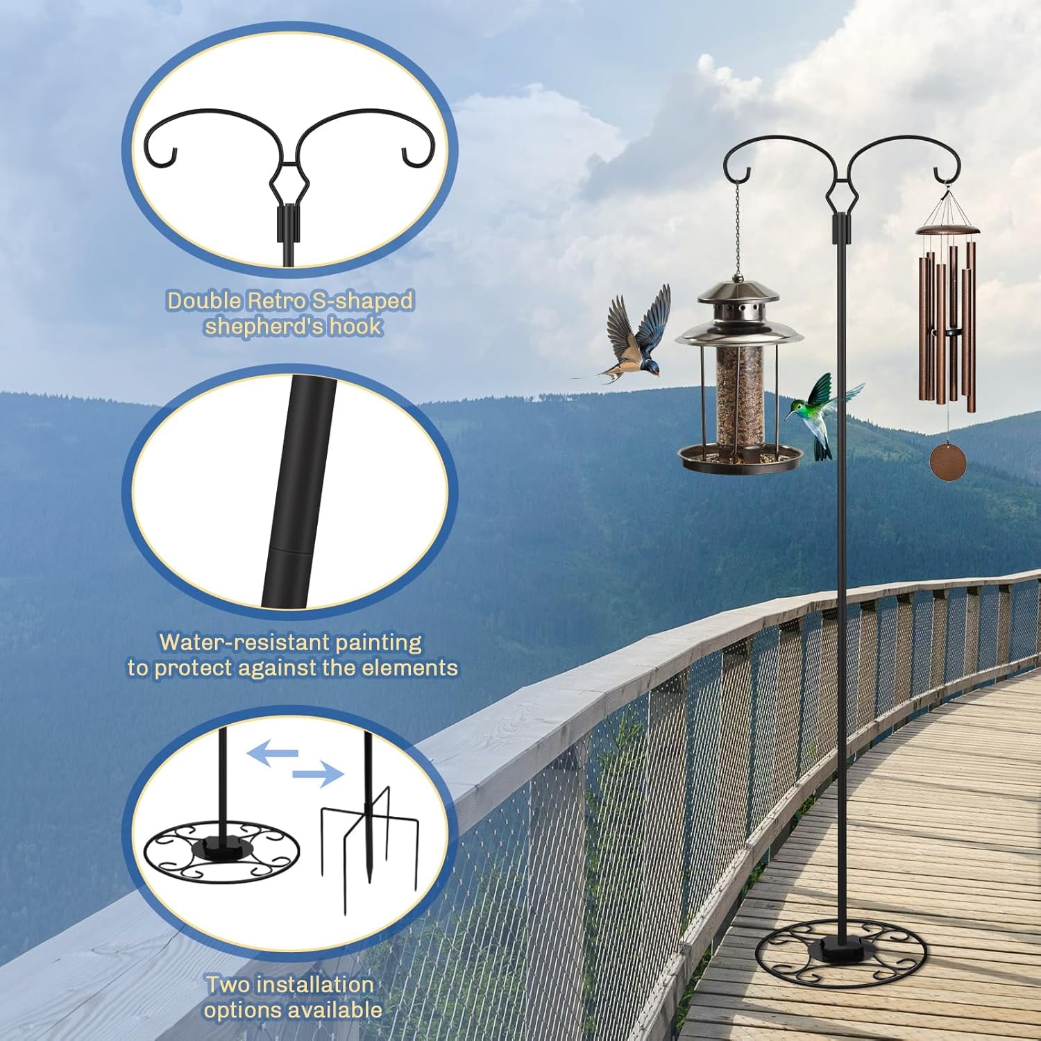 62.6 Inch Shepherds Hooks for Outdoor, Adjustbale Double Shepherds Hooks Hummingbird Feeder Stand Bird Feeder Pole Wind Chime Stand with Round Base, 4 Prongs Base and Water Weight Bag