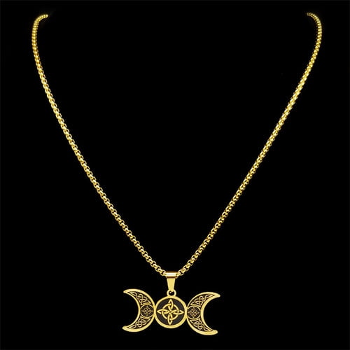 Witch Triple Moon Goddess Celtic Knot Necklace 14K Yellow Gold  Wicca Protection Crescent Necklaces Jewelry nudo de bruja