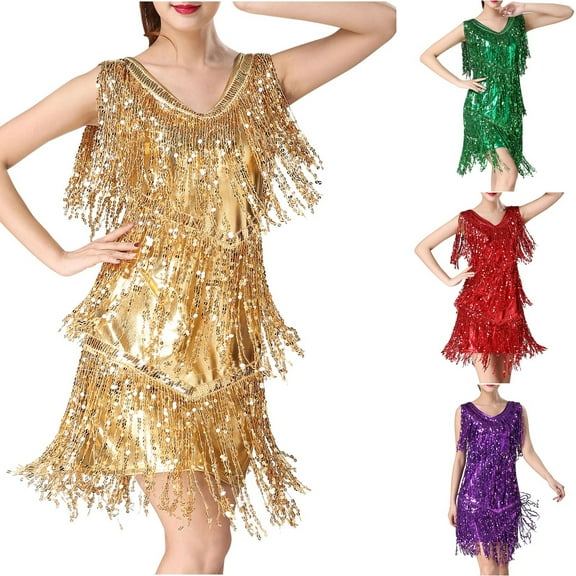 safuny Women's Mini Bodycon Dress Party Solid Shiny Sequins Tassels Sleeveless Elegant Slim Evening Prom Holiday Scoop Neck Trendy Dresses Red XL