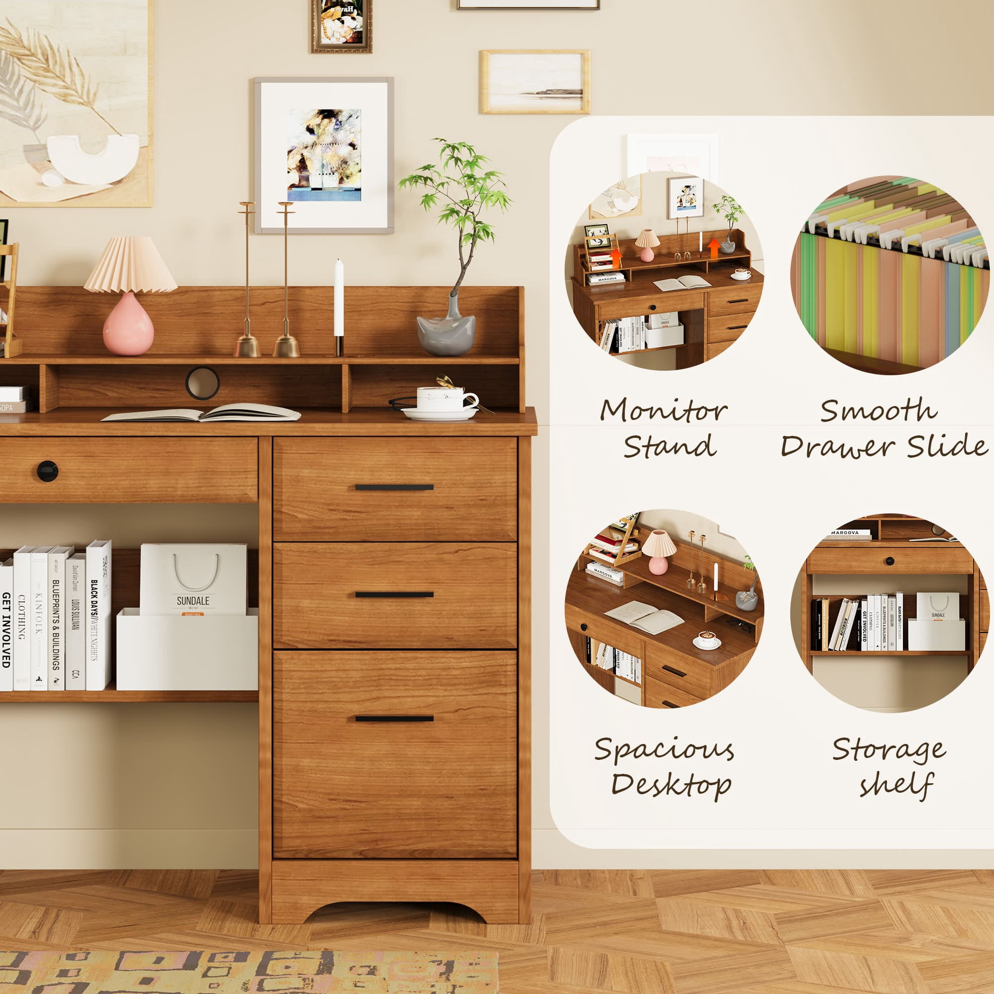 4 EVER WINNER Computer Desk with Drawers & Monitor Stand for Small Spaces, Wood Home Office Desk with File Cabinet, Writing Study Table for Bedroom Home Office, Brown