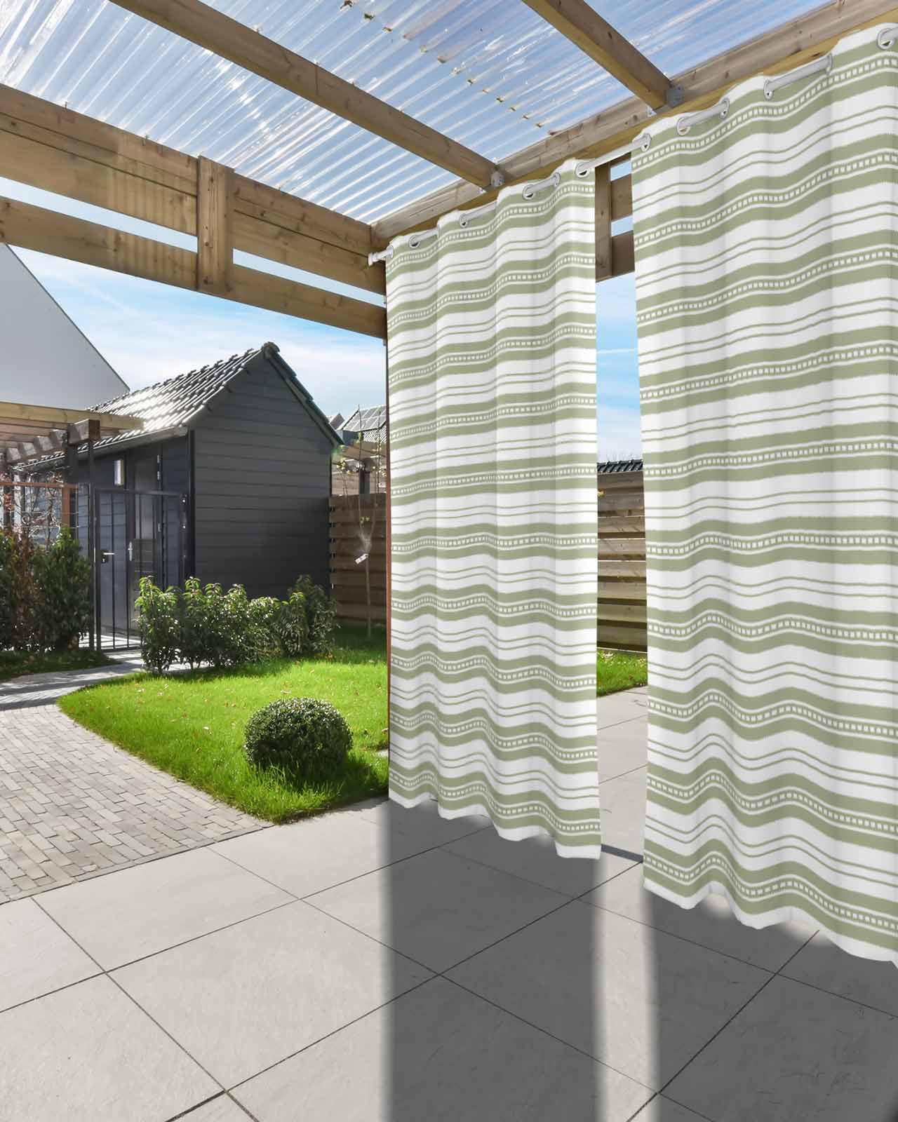 nqOlkjepod Outdoor Curtains for Patio Waterproof, Boho Sage Green Stripe Outdoor Privacy Panels Grommet, Abstract Geometric White Minimalist Blackout Outside Curtains for Porch 54"x108", 1 Panel