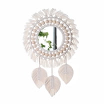 Boho Wall Mirror with Wood Beads and Feather Pendant, Decorative Art Ornament for Bedroom, Living Room, and Home