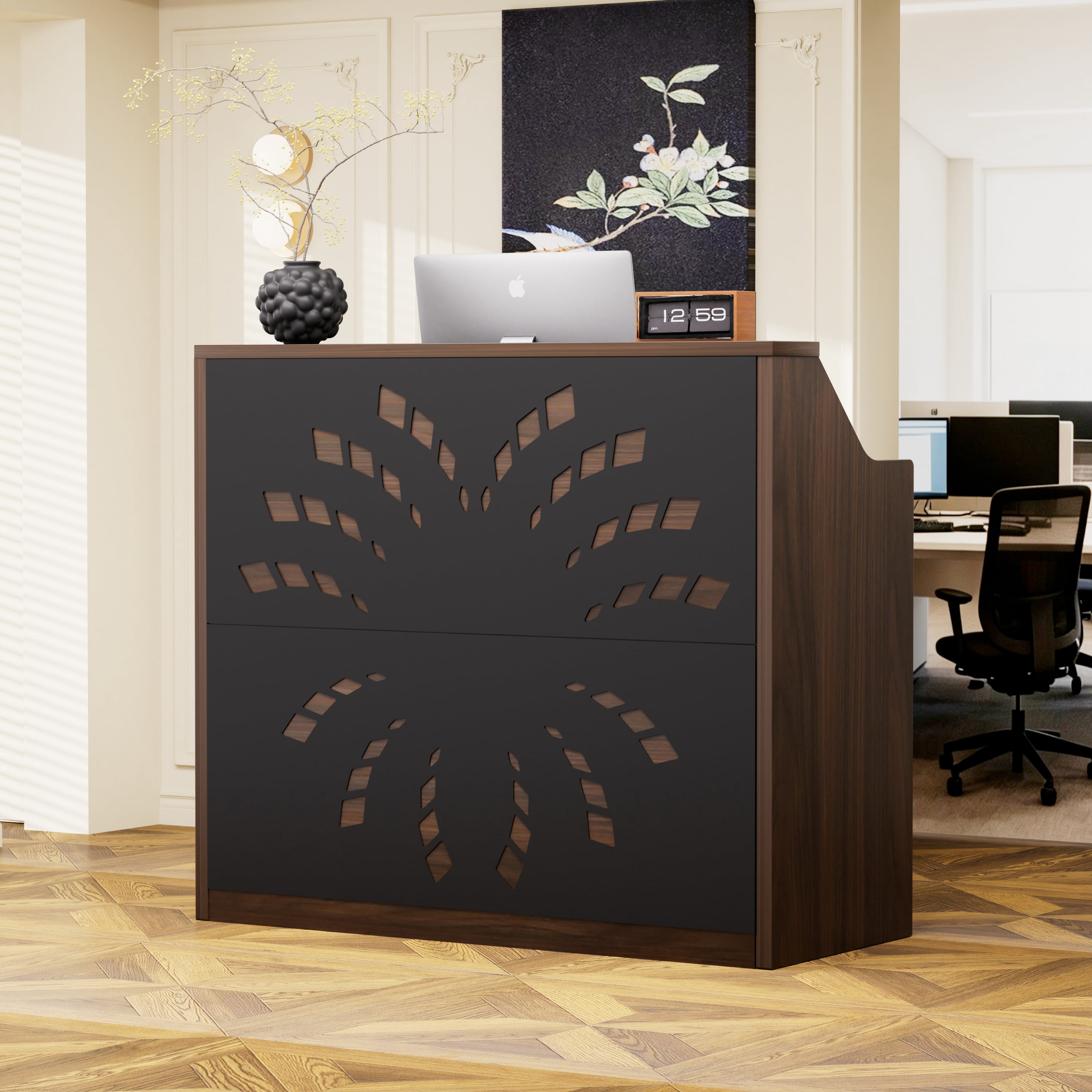Astoutdoor 46.5 in Reception Desk with Storage Cabinet, Front Desk, Retail Checkout Counter, Walnut+Black