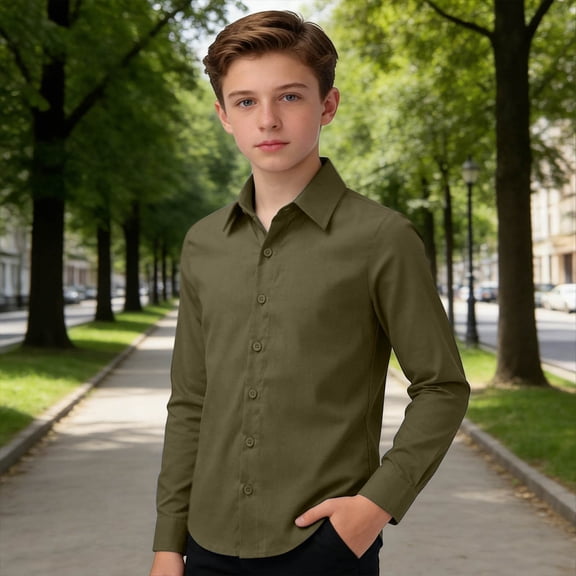 CUZIBR Boys Long Sleeve Shirts Solid Color Button Down Casualturndown Collar Classic Fit Blouse Top Loose School Uniform Oxford Solid Classic Collared Shirt Dressy Blouse,Army Green,7-8 Years