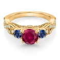 thumbnail image 3 of Gem Stone King 18K Yellow Gold Plated Silver Red Created Ruby Blue Created Sapphire and White Moissanite Engagement Ring for Women (1.55 Cttw, Gemstone July Birthstone, Round 6MM and 3MM, Size 7), 3 of 5