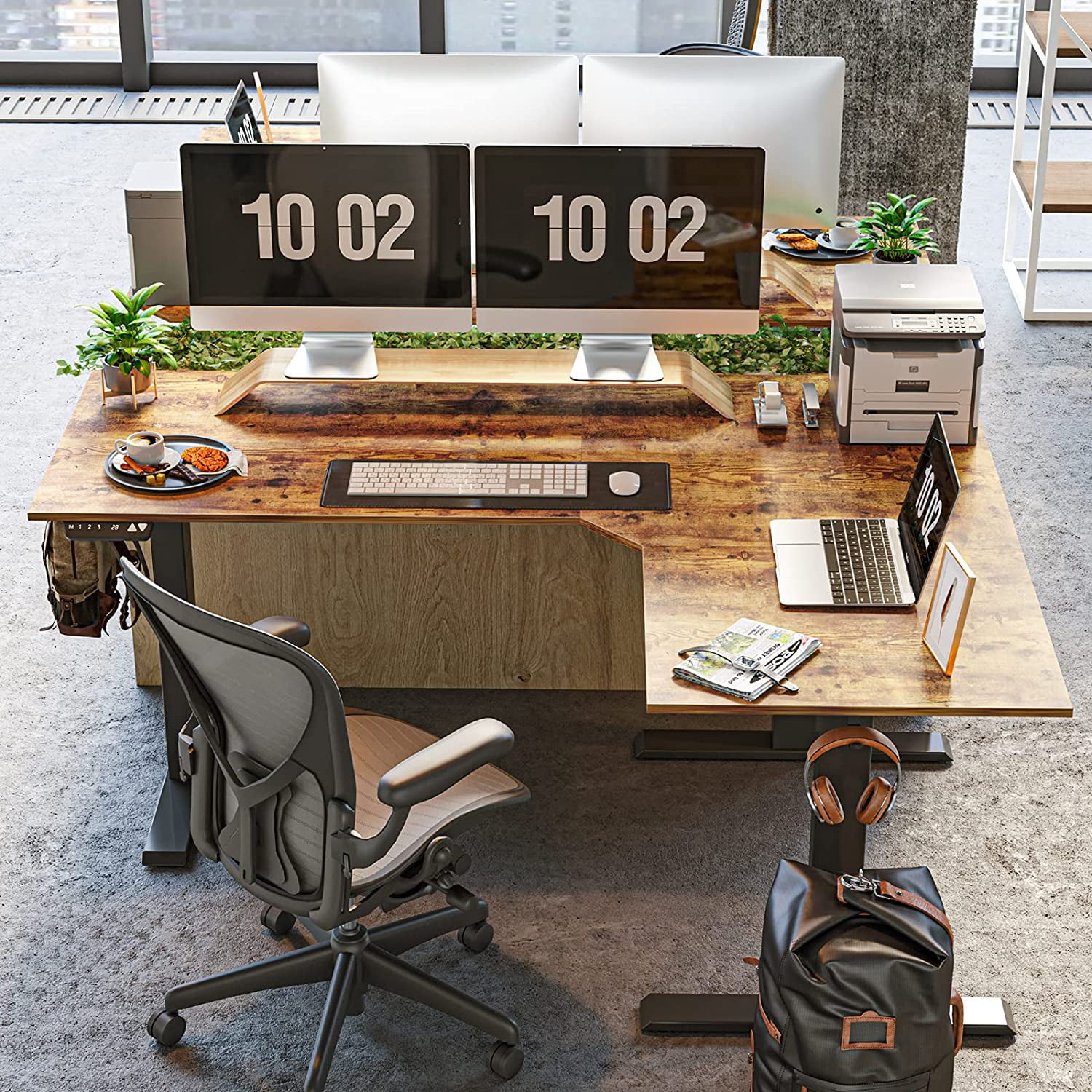 DESINO 63x48 Inch Triple Motor L Shaped Standing Desk Reversible, Electric Height Adjustable Corner Stand up Desk, Sit Stand Desk Computer Workstation, Black Frame/Rustic Brown Top