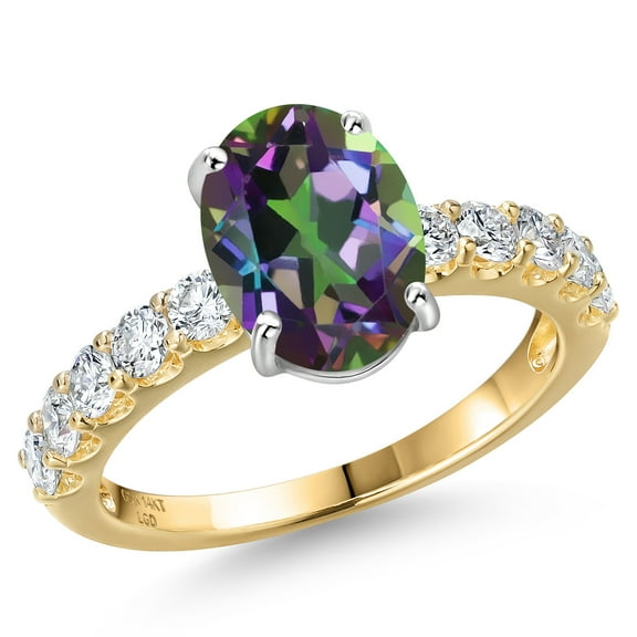 Gem Stone King 14K Two Tone Gold Green Mystic Quartz and Lab Grown Diamond Engagement Ring for Women | 3.65 Cttw | Oval 10X8MM | Gemstone Birthstone | Size 7