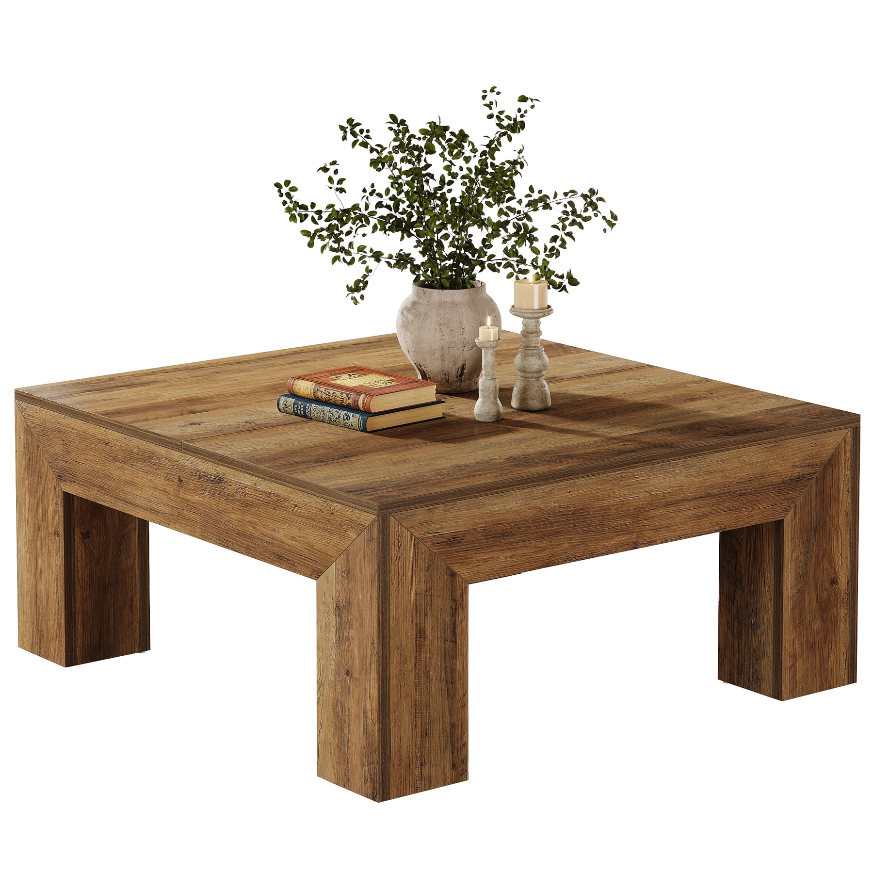 Fnova 39.4" Square Coffee Table, Farmhouse Wood Accent Center Cocktail Table with Sturdy Wooden Legs for Living Room, Easy Assembly