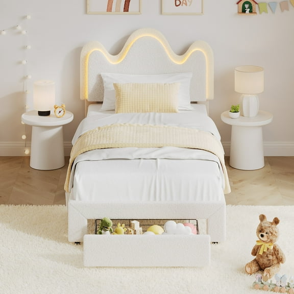 Twin Upholstered LED Bed Frame with Storage Drawer, Cute Girls Bed with Adjustable Wave Headboard, Velvet Princess Platform Bed Frame, Wooden Slats Support, No Box Spring Needed, White