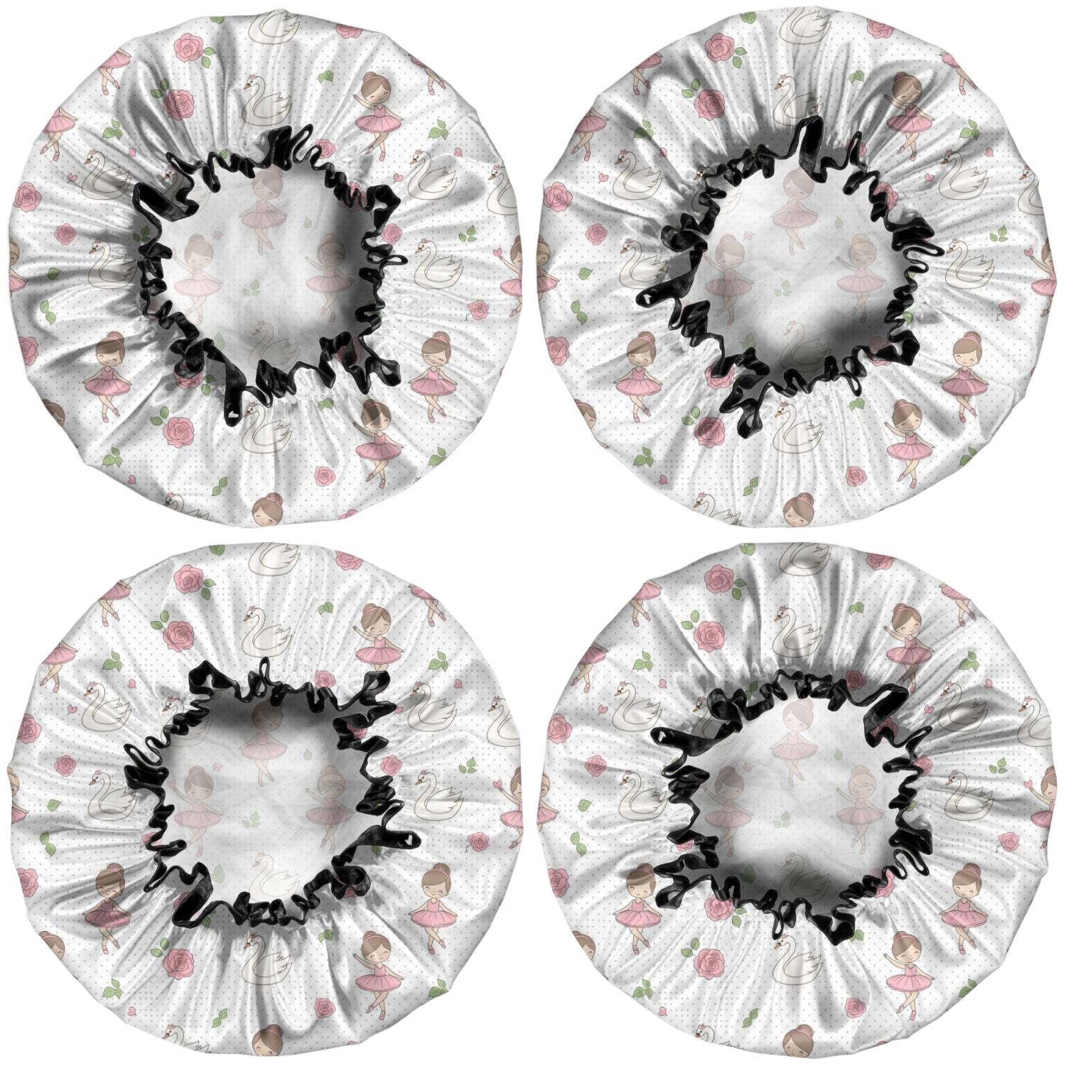 Shower Caps,White Ballerina Swan Pattern Waterproof Shower Cap for Women 4 Pieces,Double Reusable Hair Cover for Shower PEVA Elastic Stretch Hem