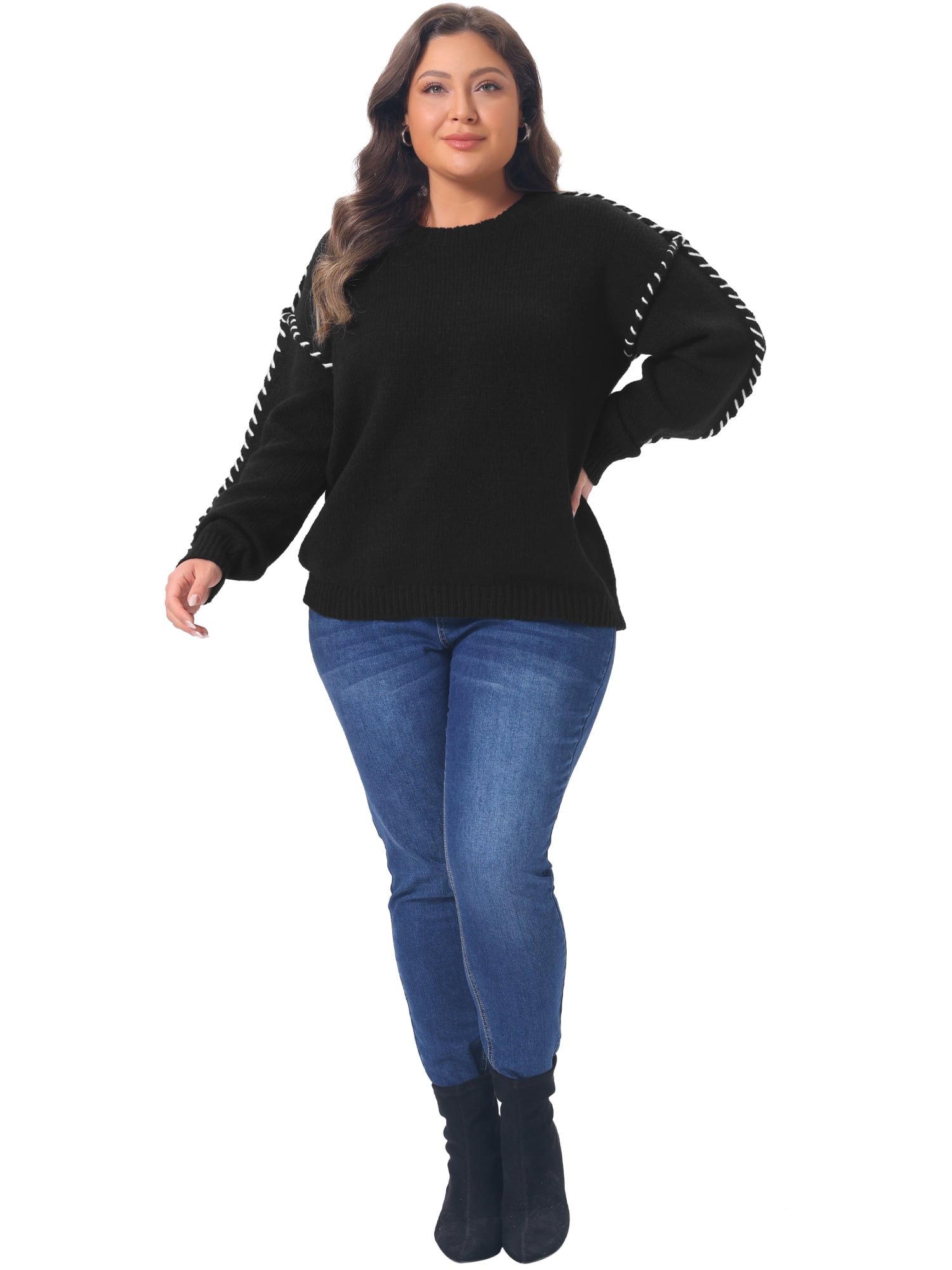 DARING DIVA Women's Plus Round Neck Long Sleeve Knit Pullover Sweater 2X Black