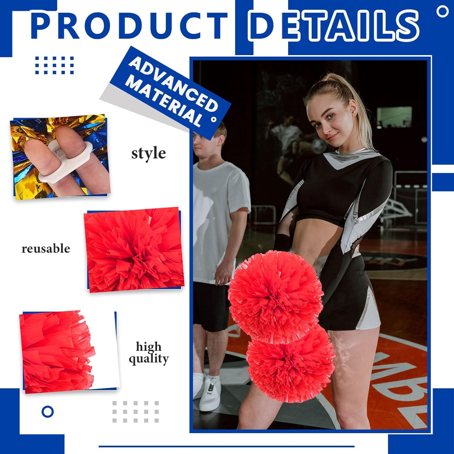 Cheerleader Pom Poms 24 Pack Sports Dance Cheering Plastic Metallic Cheerleading Pom Poms for Kids Adults-Ring Style