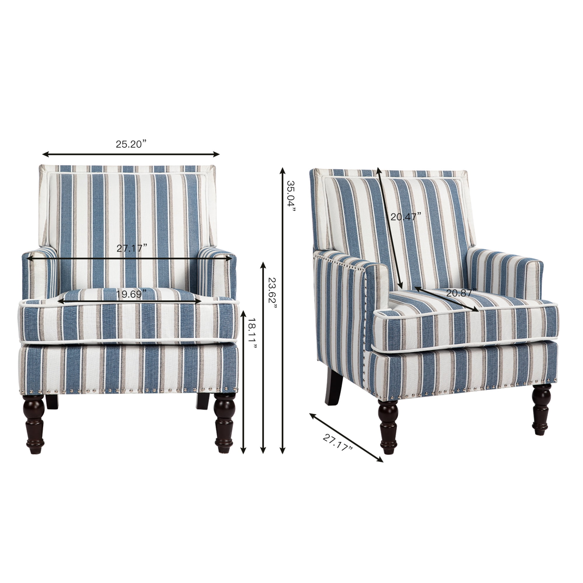 Accent Chair, Living Room Chair, Upholstered Armchair with Blue and White Striped Linen Fabric Solid Wood Frame Nailhead Trim Vintage Design, Blue