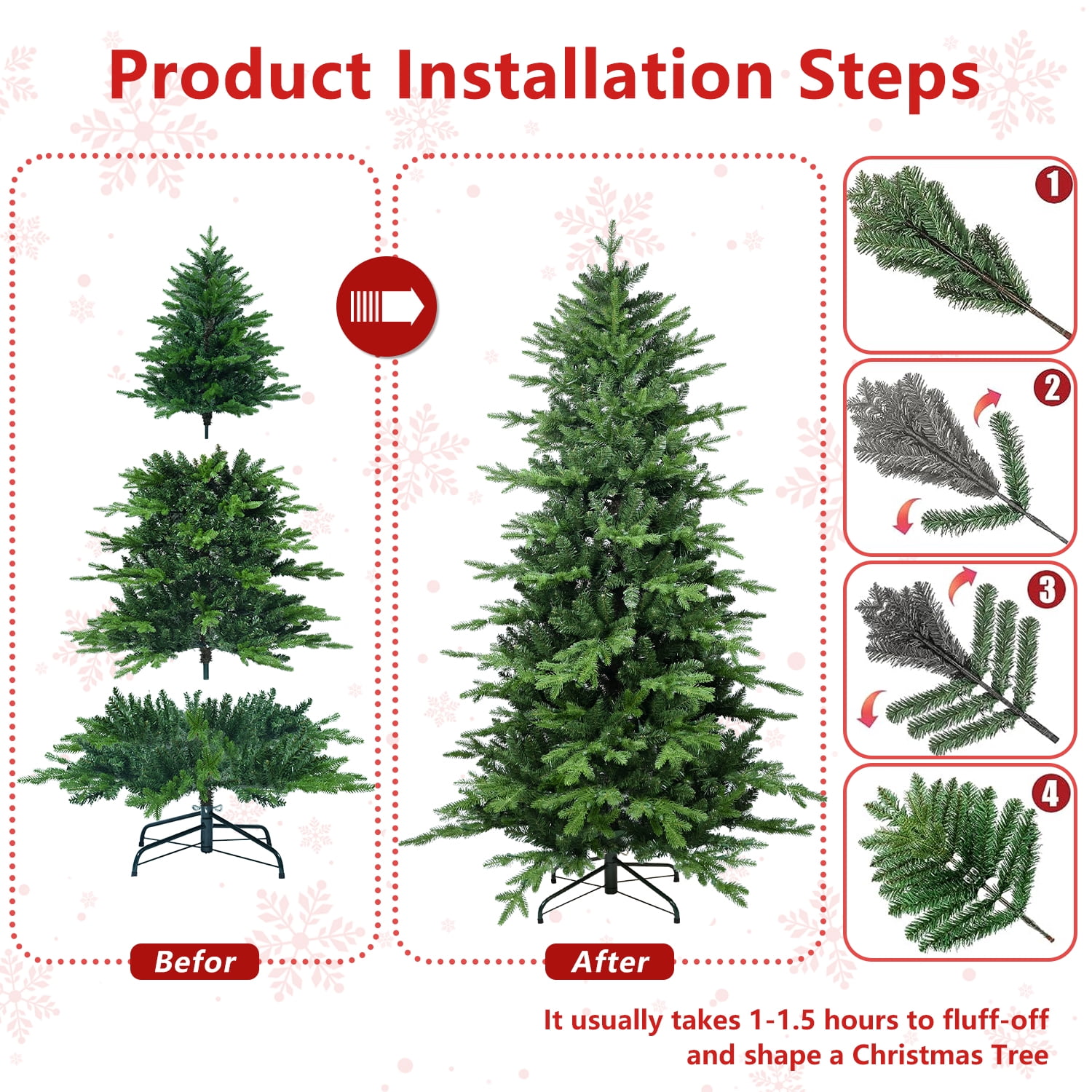 4 Ft Green PVC+PE Christmas Tree with 919 Tips, Full & Lush Hinged Tree with Metal Stand, Realistic Mixed Needle Design