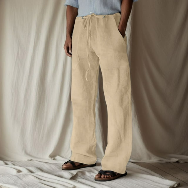 Men's Casual Pants - Mid Rise Solid Full-Length Everyday Trousers with Drawstring and Pockets for Comfort