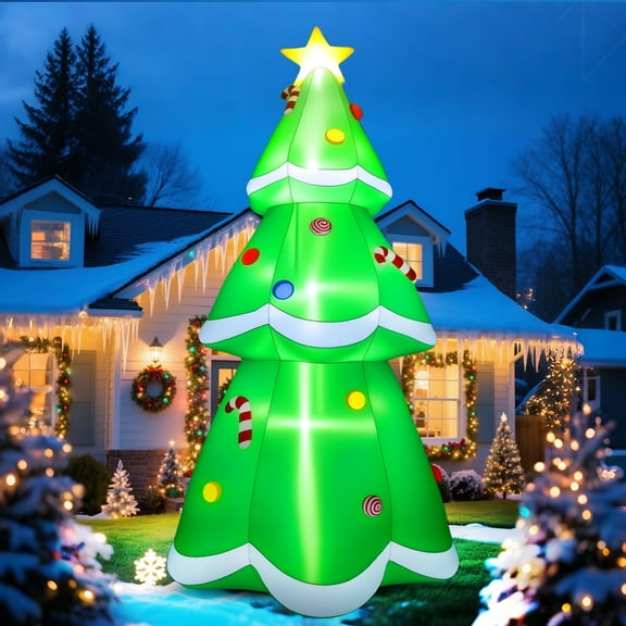 10 FT Inflatable Christmas Tree Blow-up Xmas Tree Decoration with LED Lights Star Treetop & Colorful Candy for Xmas Holiday Party Indoor Garden Patio