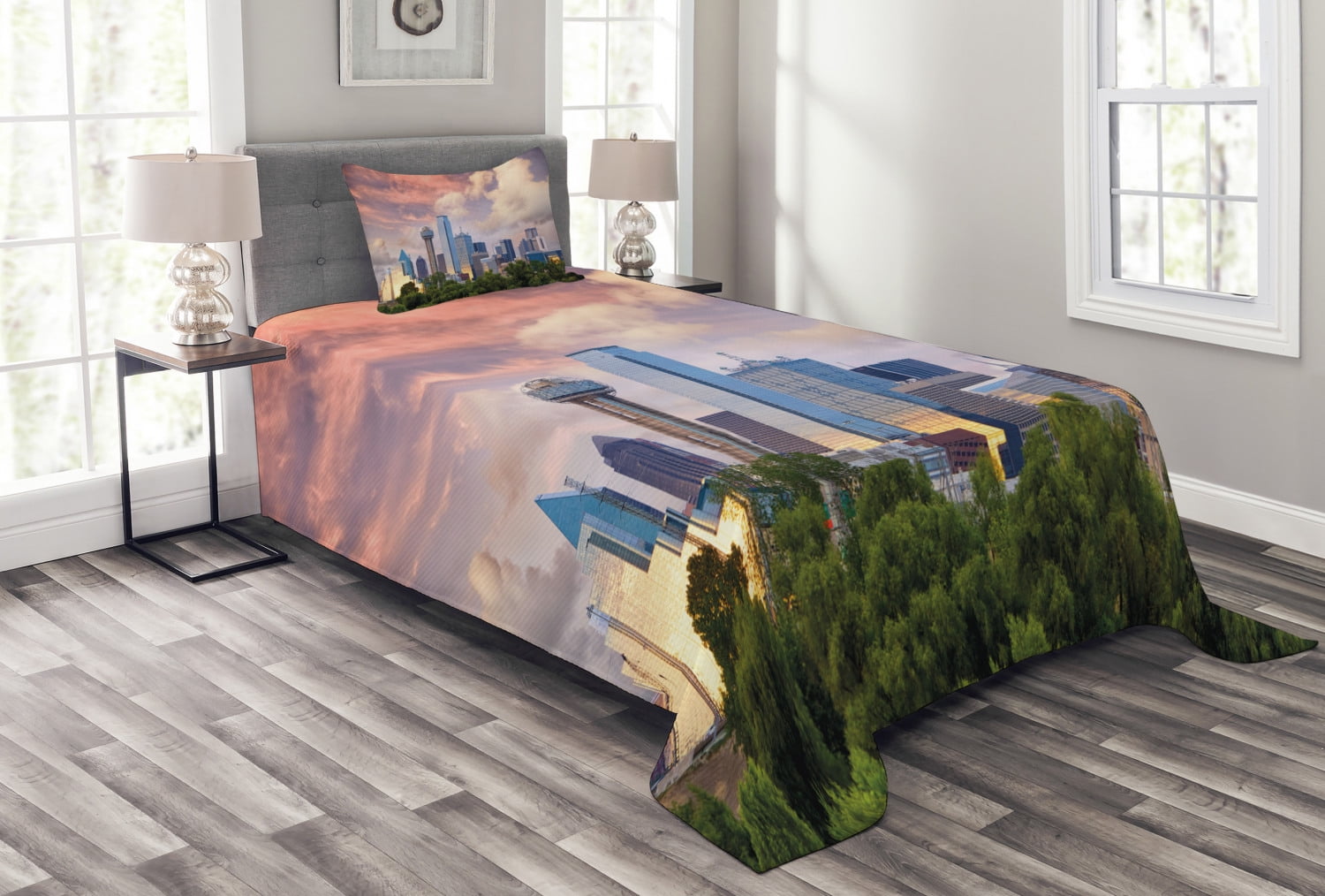 United States Bedspread Set Twin Size, Dallas City Skyline at Sunset
