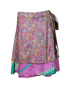 Mogul Women Purple Vintage Silk Sari Magic Wrap Skirt Reversible Printed 2 Layer Beach Bikini Cover Up Short Skirts One Size