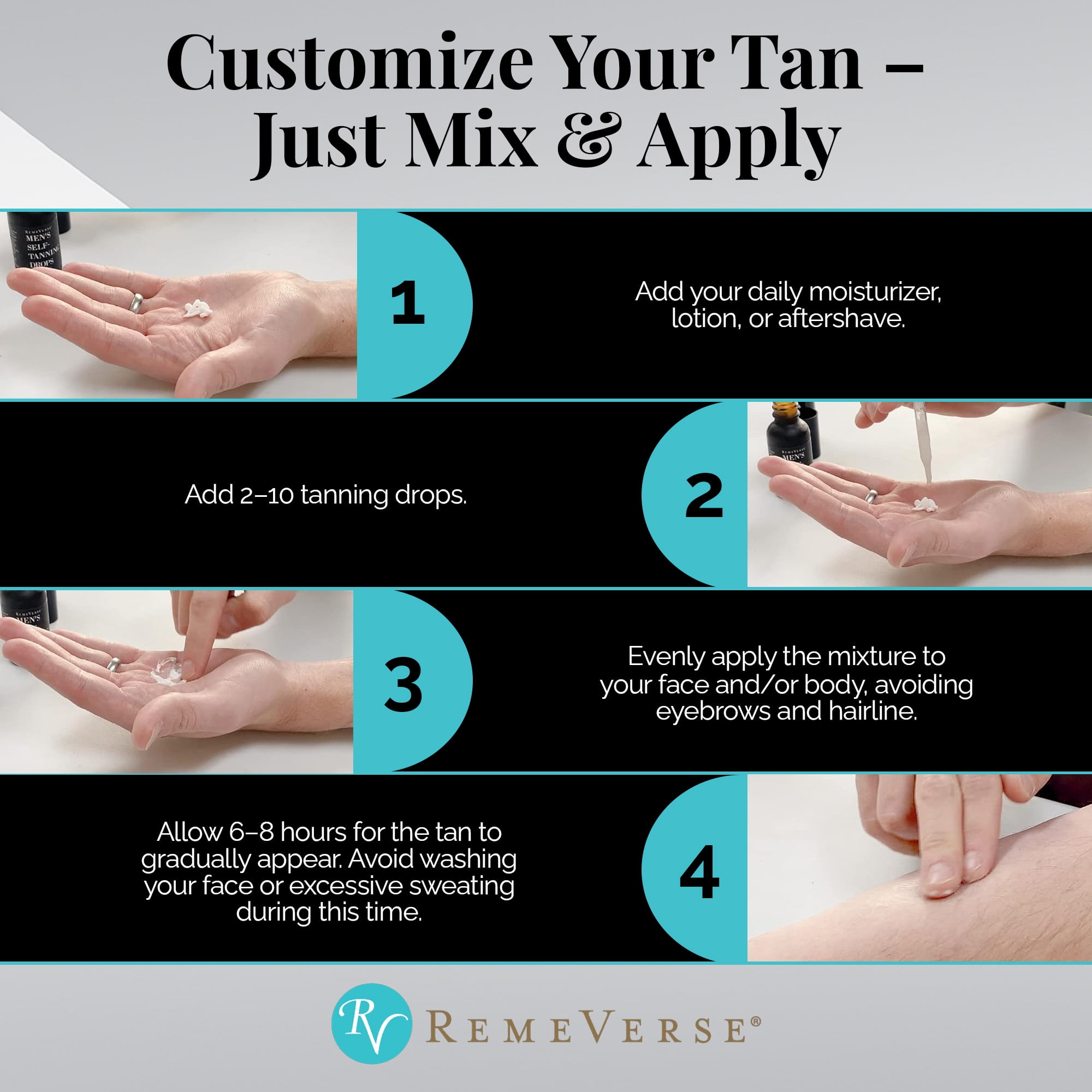 Men’s Self-Tanning Drops by RemeVerse: Sunless Tanner Formulated for Men to Achieve Natural-Looking Color & Even Skin Tone