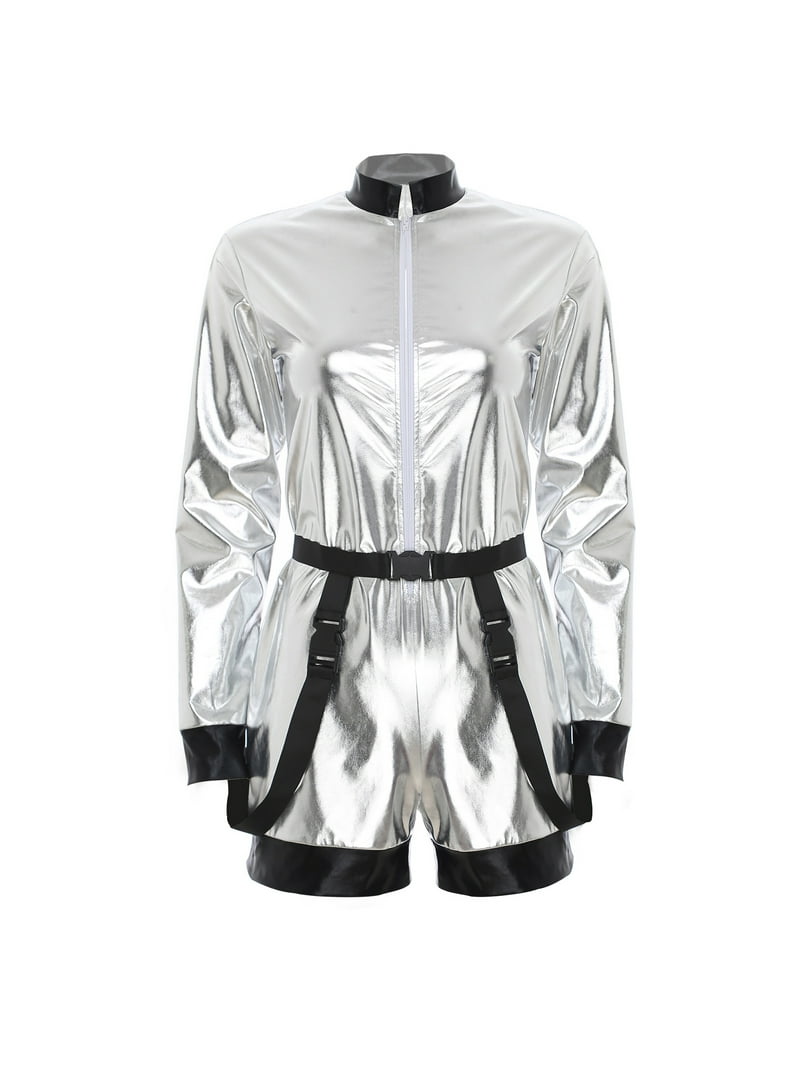TiaoBug Womens Metallic Shiny Astronaut Jumpsuit with Belt Zipper