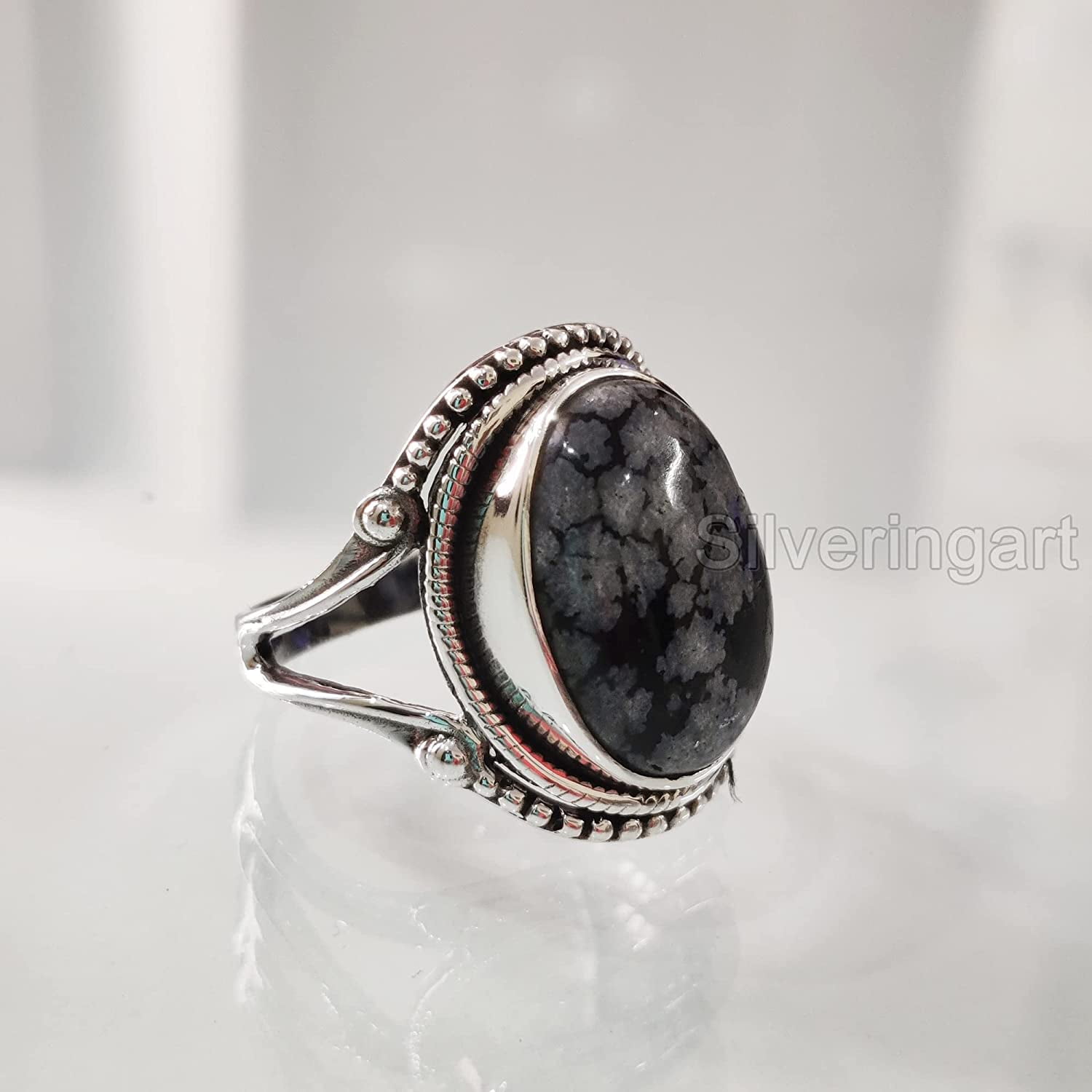 Snowflake Obsidian and Sterling Silver Ring • US Size 7.5 - Tranquil Sky  Jewelry
