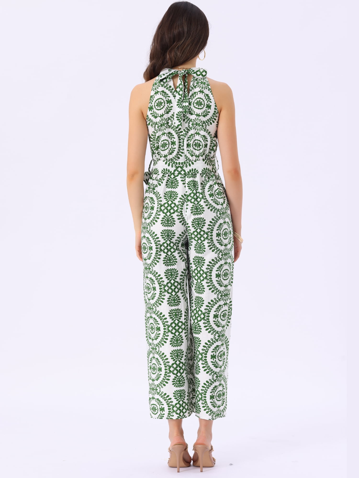 DARING DIVA Women's Casual Halter Sleeveless Boho Wide Leg Jumpsuit S Green