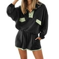 thumbnail image 2 of Short Sets for Women Loose Fit Long Sleeve Color Block Stand Collar Shirt and Shorts 2 Piece Matching Set Streetwear, 2 of 5