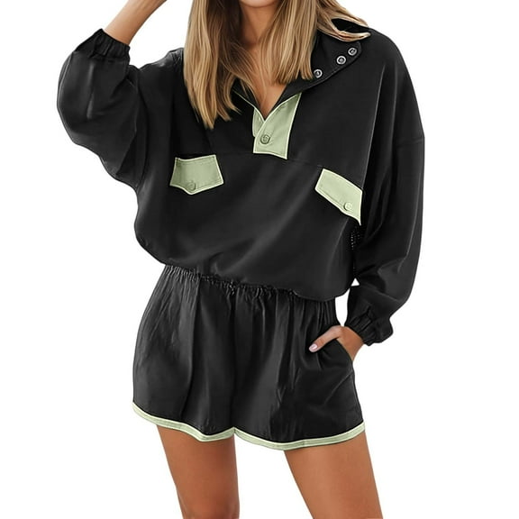 Curuila Womens Two Piece Set Long Sleeve Button High Neck Solid Color Pullover Elastic Waist Shorts With Pocket Fashion Comfort Outfit Set Black Size L