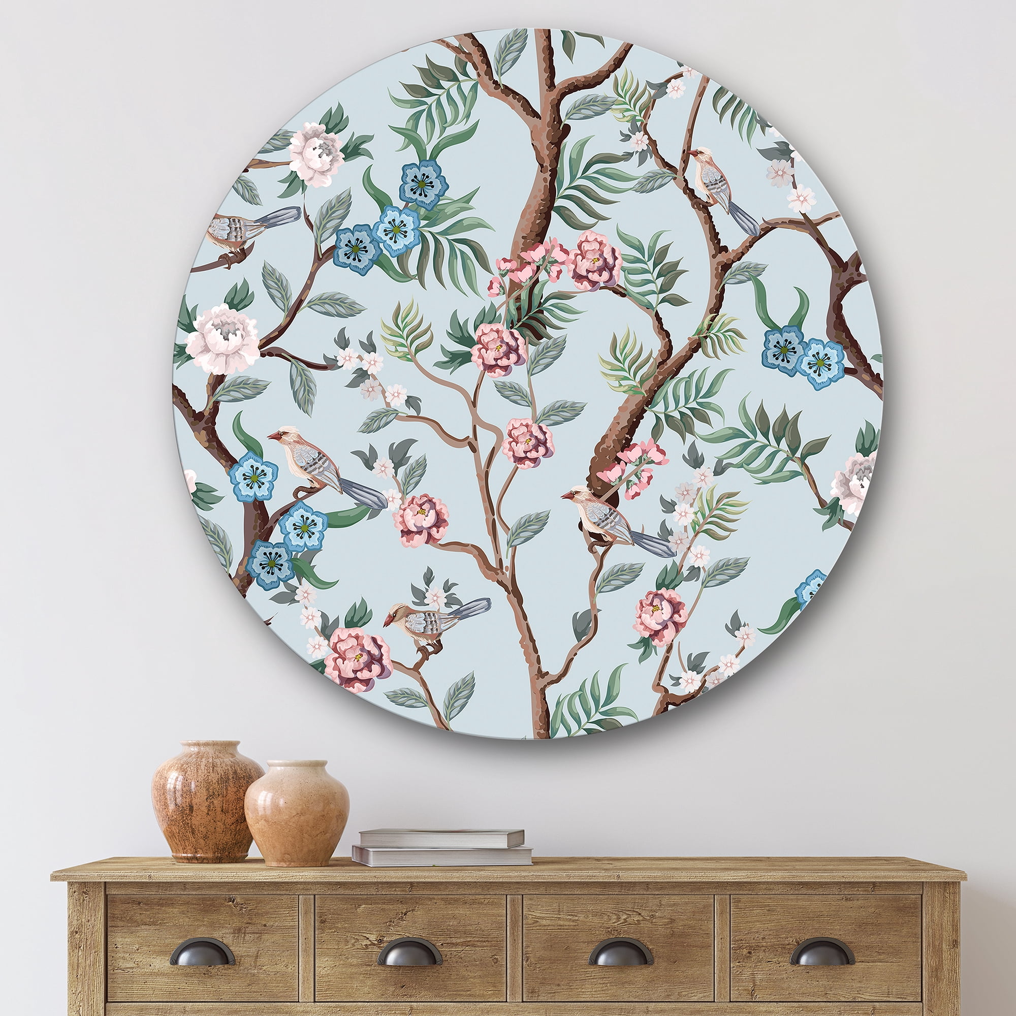 Designart 'Birds and Peonies With Chinoiserie X' Traditional Circle Metal Wall Art 29x29 - Disc of 29
