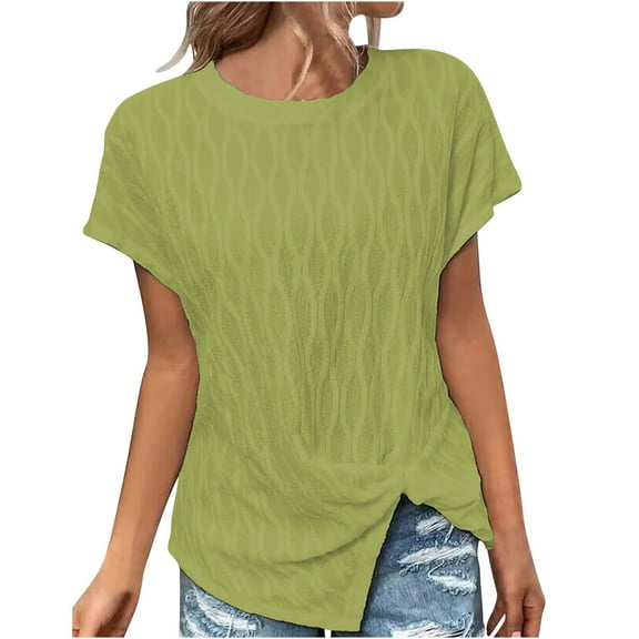 Yyeselk Summer T-Shirts for Women Casual Round Neck Cap Short Sleeves Cozy Blouses Fashion Pure Color Split Front Ladies Tops Tunic Green XL
