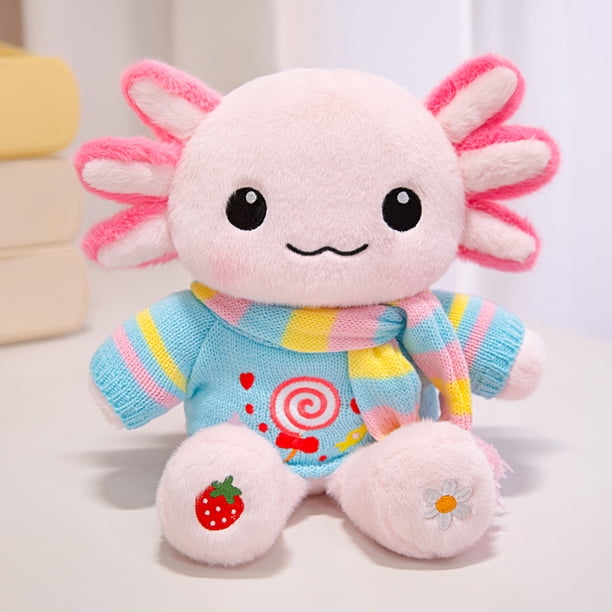 Peluche de ajolote,ajolote peluche 33 cm con ropa y 1 accesorio — set de 1 look (bolsita o bufanda), ajolote juguete suave y lavable, regalo para niñas y niños