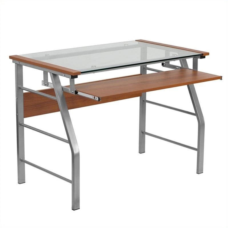 Flash Furniture Glass Computer Desk With Pull Out Keyboard In Cherry