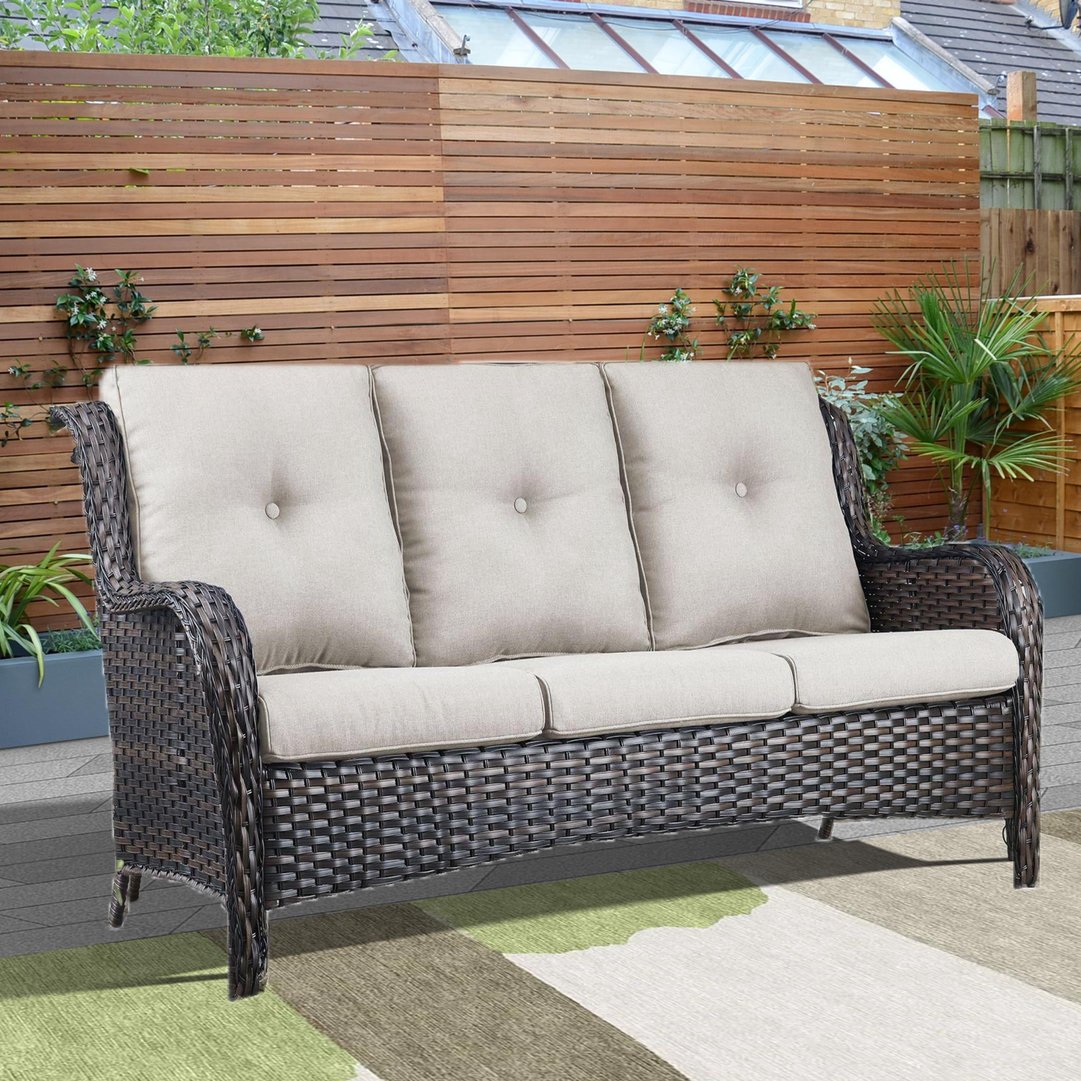 Gymojoy Outdoor Furniture 3-Piece Sofa, Patio Rattan Wicker Seactional Couch with Ottoman, Beige