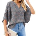 thumbnail image 2 of Blusas de Mujer con Mangas 3/4 y Cuello en V Holgado con Estampado de Pétalos de , Blusas de Trabajo de Negocios Flores Azules M, 2 of 7