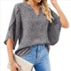 thumbnail image 2 of Blusas de Mujer con Mangas 3/4 y Cuello en V Holgado con Estampado de Pétalos de , Blusas de Trabajo de Negocios Flores Azules L, 2 of 7