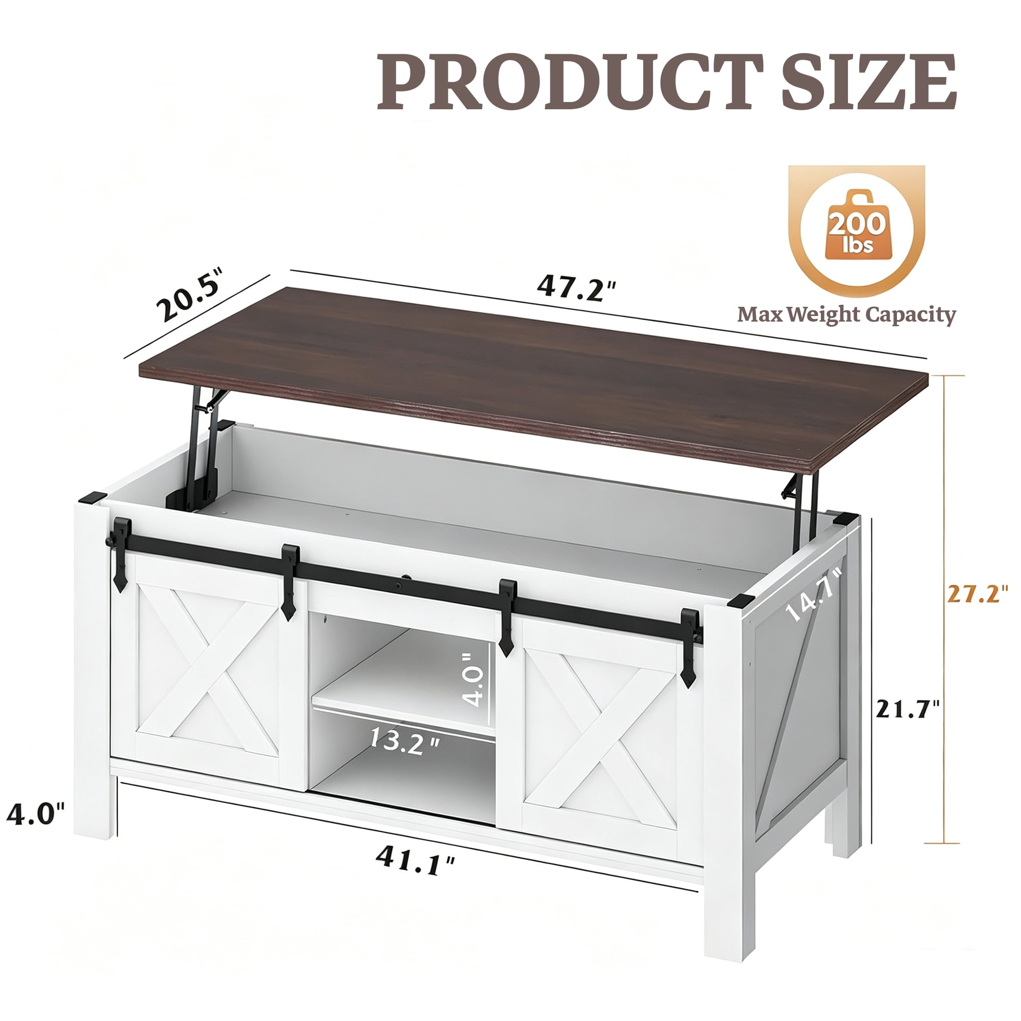 GALAXHERO 47.3" Farmhouse Lift Top Coffee Table with Sliding Barn Doors, Large Hidden Storage Compartment and Adjustable Shelf for Living Room, Office, White