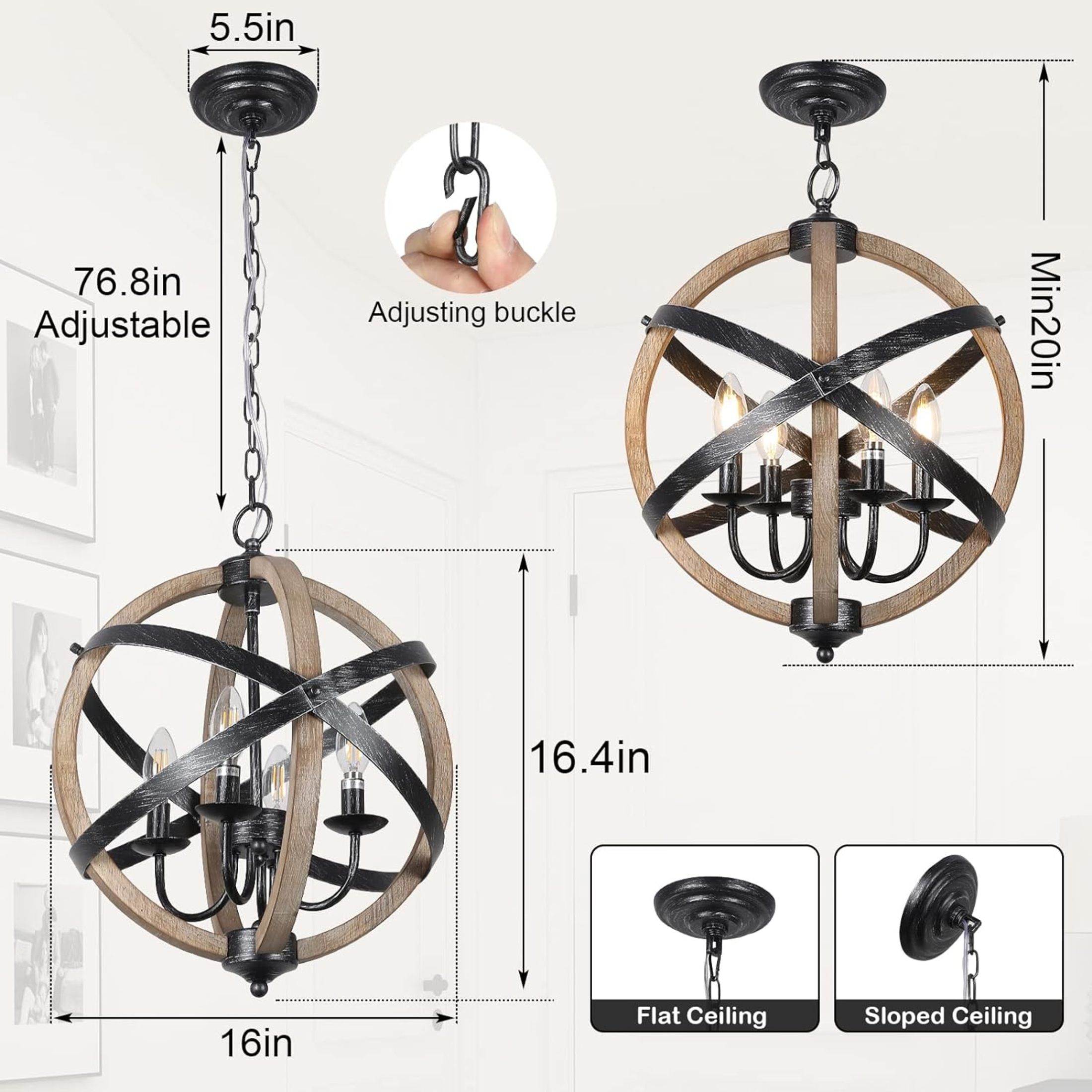 Noble House 4-Light Farmhouse Wood Orb Chandelier, Rustic Sphere Dining Room Pendant, Height Adjustable, Wood