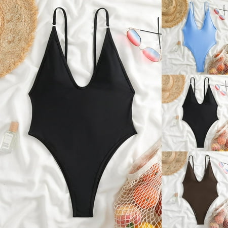 Popular Picks  Women s Sexy Backless Solid Color V Bikini  Steel Swimwear  Comfortable Beachwear for Women | Sopatenor  Black M