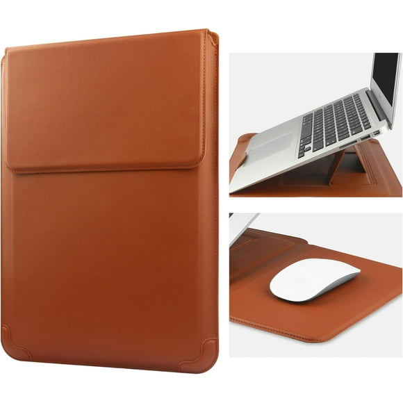 SDES-14 Inch Laptop Sleeve Case Leather Bag with Stand Compatible with Mac Book Pro 14 2021/ASUS Vivobook 14/HP Pavilion X360/IdeaPad 14/Dell HP ASUS Acer Huawei Matebook 14'' PC, Brown
