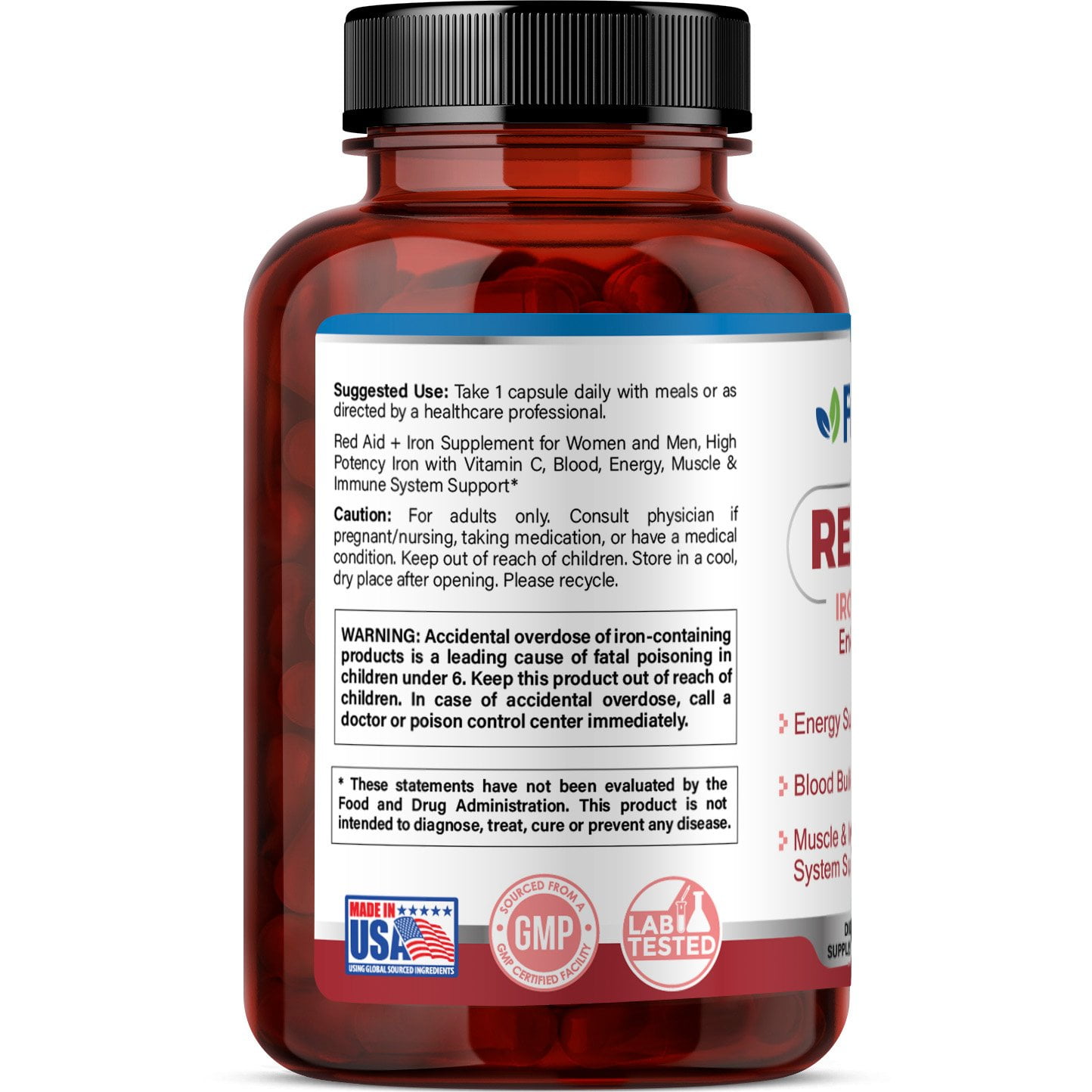 Fineland Vitamins Red Aid+ Iron Supplements Peach Flavor 60 Capsules