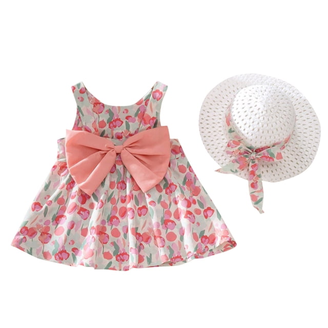 Robes Sans Manches pour Bébés Filles, Robe Tutu d'Été pour Filles avec Chapeaux, Deux Pièces, Robe de Fête pour Tout-Petits 2-3 Ans