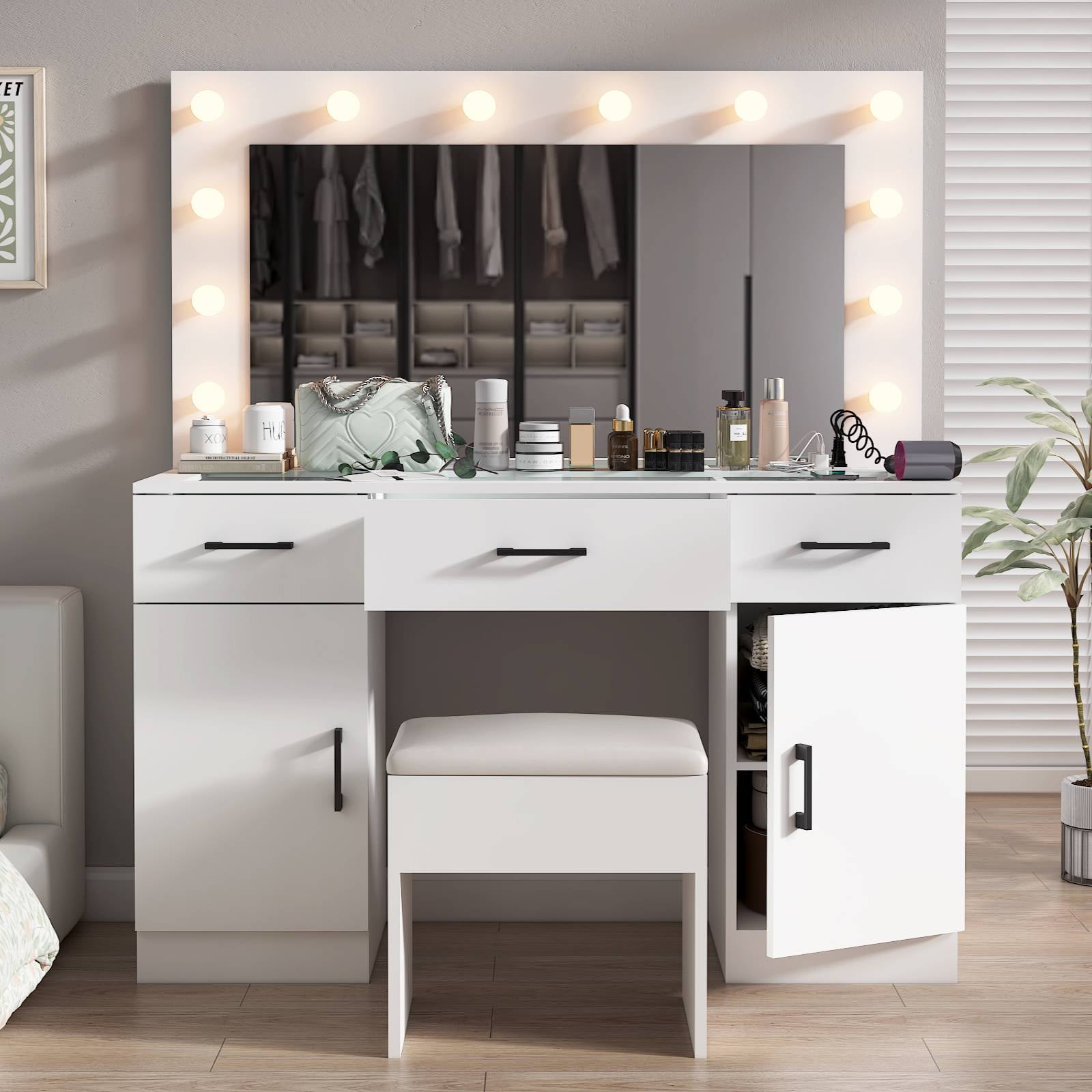 Ktaxon Large Makeup Vanity, Get Ready with Me GRWM Vanity Table Set w/ Visible Glass Top w/ Charging Station,White