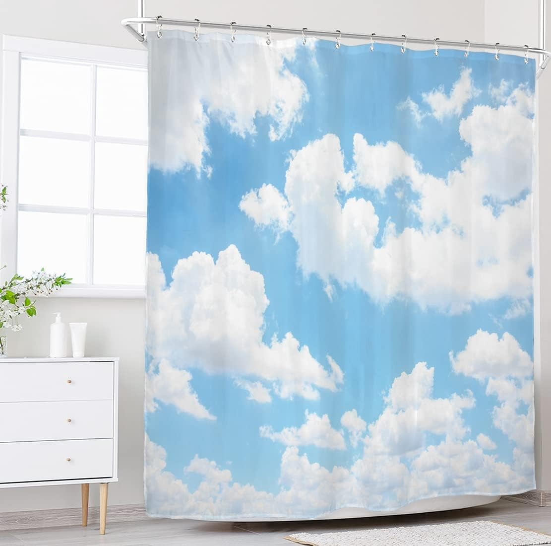 Blue Sky White Cloud Shower Curtain Natural Landscape Scenery Waterproof Fabric 72x72 Inch Polyester Bathroom Bathtub Decoration 12 Pack Plastic Hooks