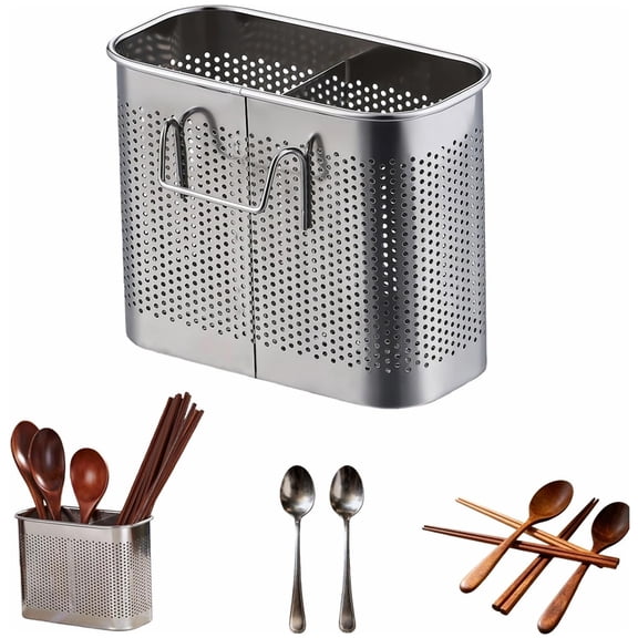 Bxaolu Kitchen Utensils Chopsticks Holder Drying Rack Basket with Hooks 2 Divided Compartments Quality Stainless Steel Large L5.5"X H4.3" X W2.7", Silver