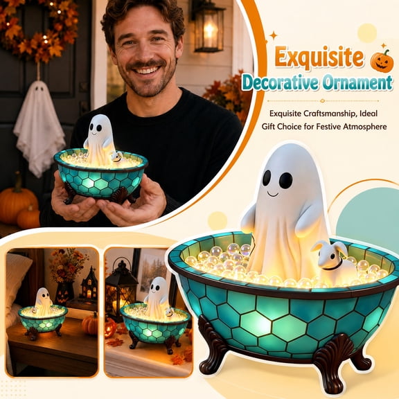 Ghost Halloween Decor, Ghost Bubble Bath Lamp, Cute Illuminated Ghost with Little Pet Figure in Vintage Footed Tub, for Haunted Bath Decor, Halloween Desk Decor, Cute Ghost Decor,