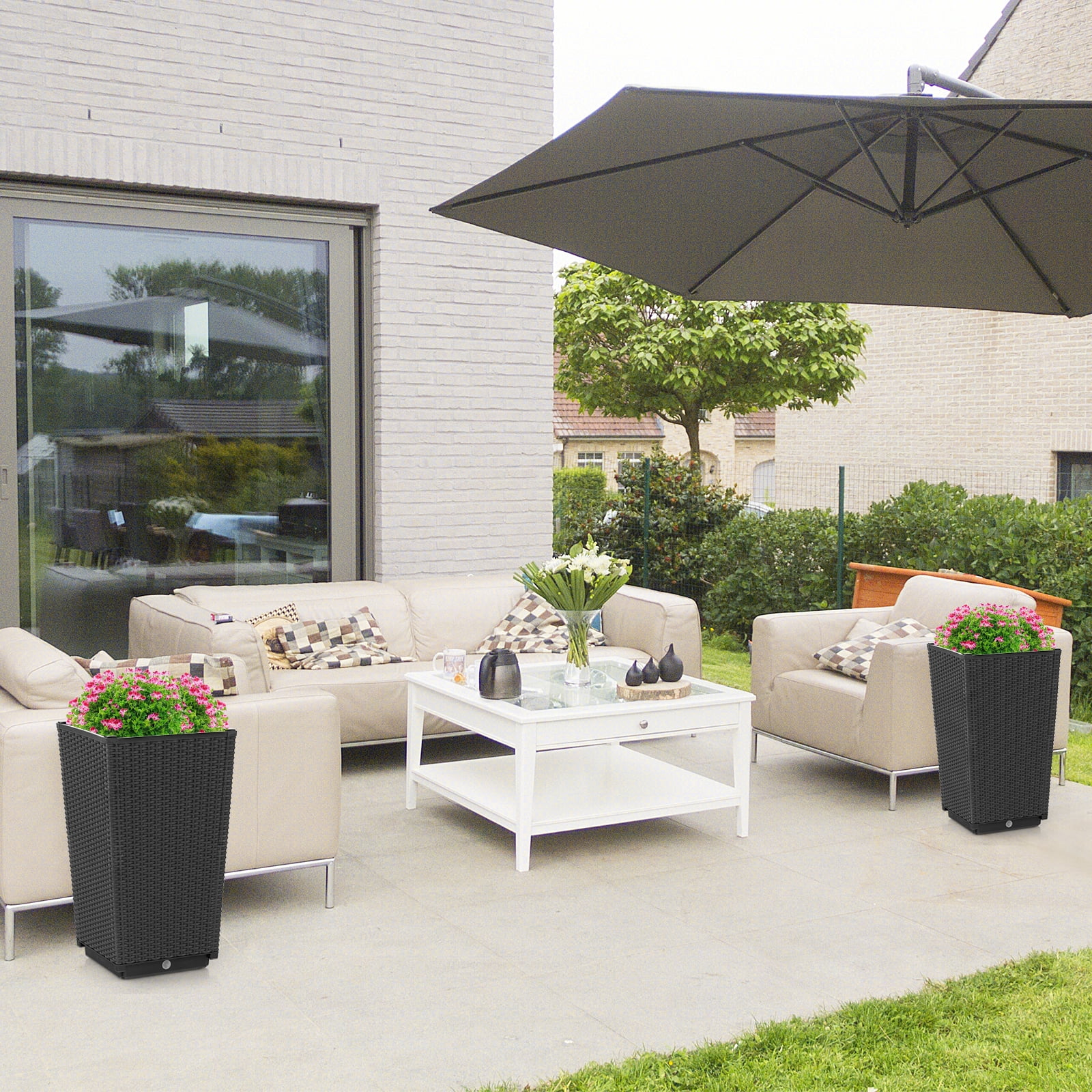 Costway 2PCS Outdoor Wicker Flower Pot 22.5''Tall Planters with Drainage Hole Black