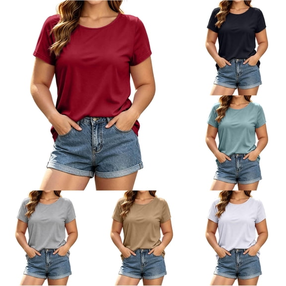 Ulitacool Women Summer T Shirts O Neck Short Sleeve Solid Color Tops Elegant Clothing Xl Hot Pink