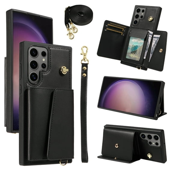 for Samsung Galaxy S25 Ultra Magnetic Back Flip Wallet Case with Card Slots, PU Leather TPU Full Body Protection, with Shoulder Strap & Wrist Strap, Classic Kickstand Protective Rugged Cover, Black